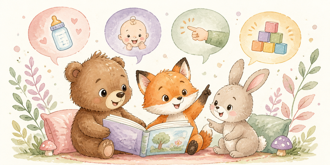 Watercolor woodland animals reading a book with milestone speech bubbles