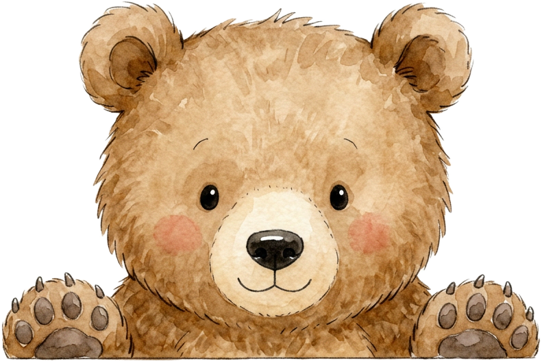Watercolor bear cub peeking over the card